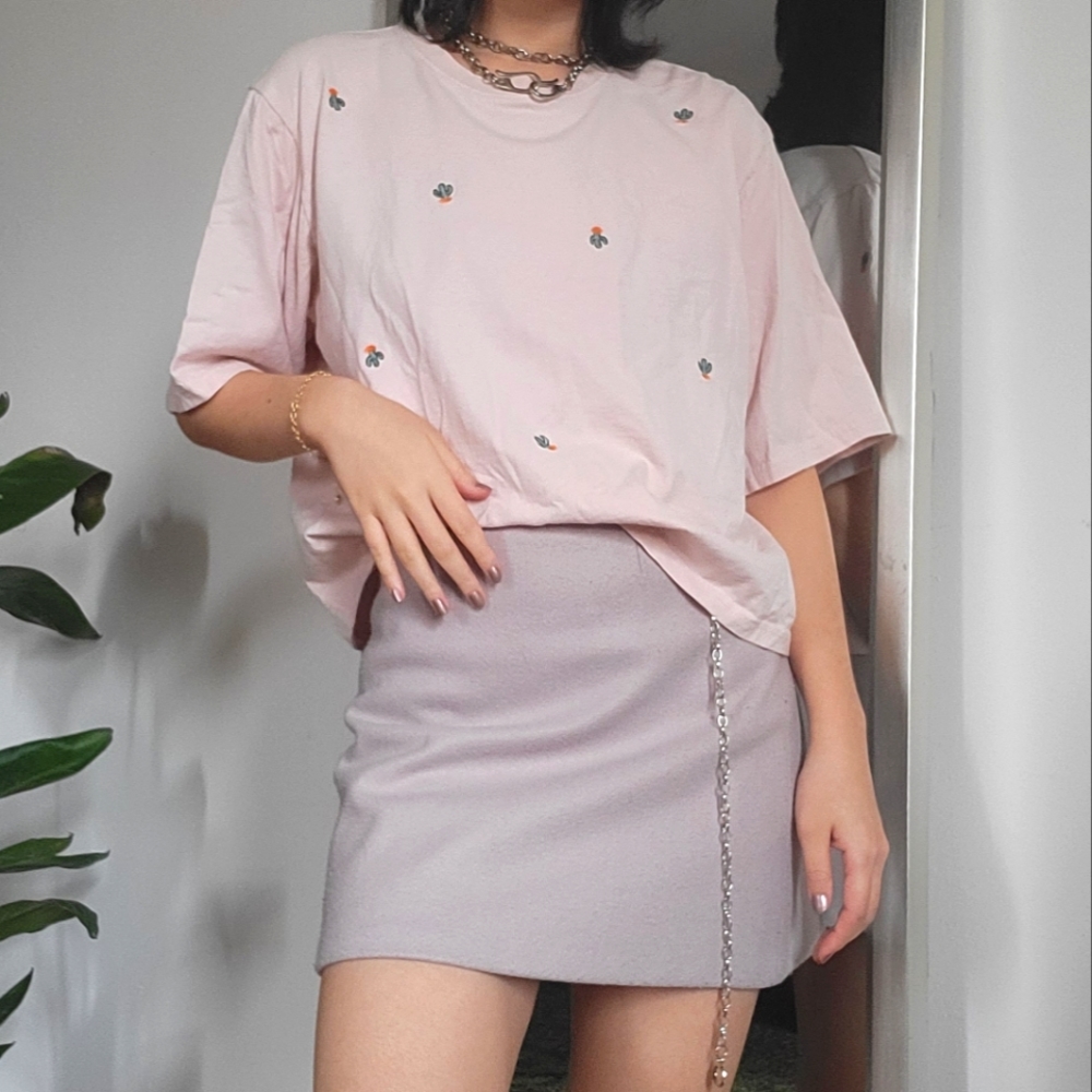 Pink t-shirt with all over cactus embroidery, small/ medium